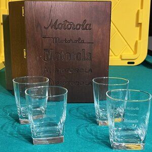 Very Rare 1967 Motorola "Milestone Logos" Highball Glass Set + Wood Engraved Box